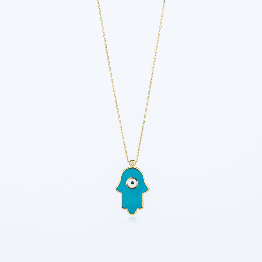 18K Gold, 925 Silver,  Gold Plated Blue Hamsa Necklace